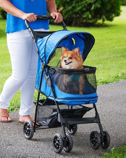 Pet Gear No-Zip Happy Trails Pet Stroller for Cats/Dogs, Zipperless Entry, Easy Fold with Removable Liner, Storage Basket + Cup Holder, NEW Sapphire