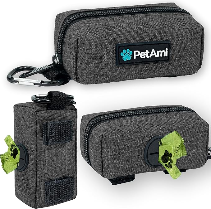 PetAmi Dog Poop Bag Holder & Waste Bag Dispenser with Clip-On Pouch Includes 1 Roll of Pet Waste Bags Portable Dog Walking Accessories for Leash, Belt or Backpack, Gray