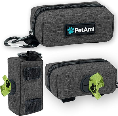 PetAmi Dog Poop Bag Holder & Waste Bag Dispenser with Clip-On Pouch Includes 1 Roll of Pet Waste Bags Portable Dog Walking Accessories for Leash, Belt or Backpack, Gray
