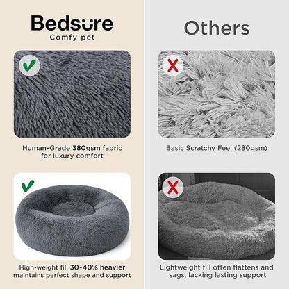 Bedsure Calming Dog Bed for Small Medium Dogs - Donut Washable Medium Pet Bed, 27 inches Anti-Slip Round Fluffy Plush Faux Fur Cat Bed, Dark Grey