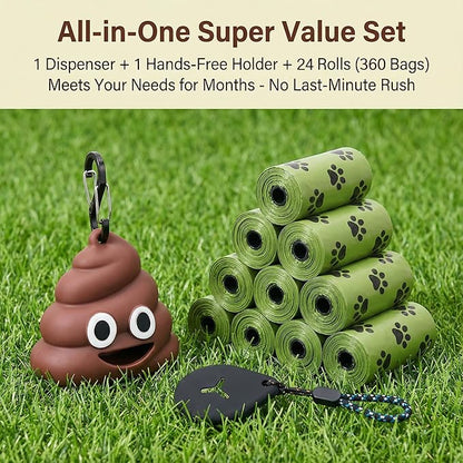QMEAKMONY Dog Poop Bag Set with Funny 3D Poop Dispenser - 360 Bags (24 Rolls, 15 pcs/Roll), Scented Odor-Neutralizing, Hands-Free holder for Leash/Backpack, Meets Months of Use. (360 Counts)