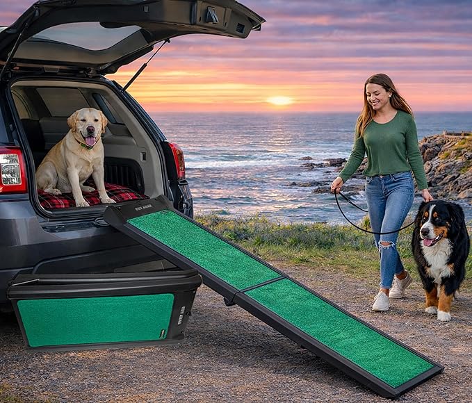 Pet Gear Travel Lite Ramps for Dogs and Cats, Compact Easy-Fold, Lightweight and Portable, Built-in Carry Handle, Supports 150lbs, Size 66" x 16", Green Trax- supertraX