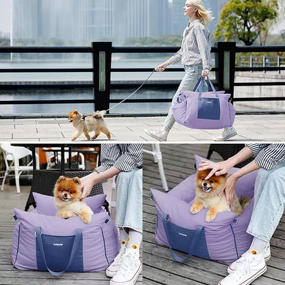 Lesure Small Dog Car Seat for Small Dogs - Waterproof Dog Booster Seat for Car with Storage Pockets and Clip-On Safety Leash and Thickened Memory Foam Filling, Puppy Travel Carrier Bed, Lavender Fog