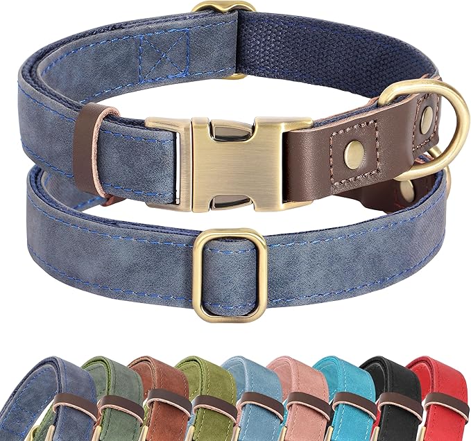 Didog Soft PU Leather Dog Collars for Medium Dogs,Classic Adjustable Dog Collars with Quick Release Metal Buckle,Easy Clean and Comfortable with Nylon Lining,Blue,M Neck 14-19"