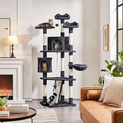 Yaheetech 79 in Cat Tree Tower, Multilevel Cat Trees Plush Covered Cat Tower with 2 Extra Large Condos, Comfy Basket, Sisal Scratching Posts