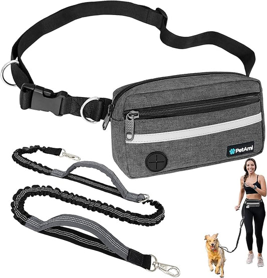 PetAmi Hands Free Dog Leash Belt for Walking Jogging, Waist Zipper Pouch Fanny Pack with Poop Bag Dispenser, Dual Padded Handle Bungee Leash for Small Medium Large Dogs