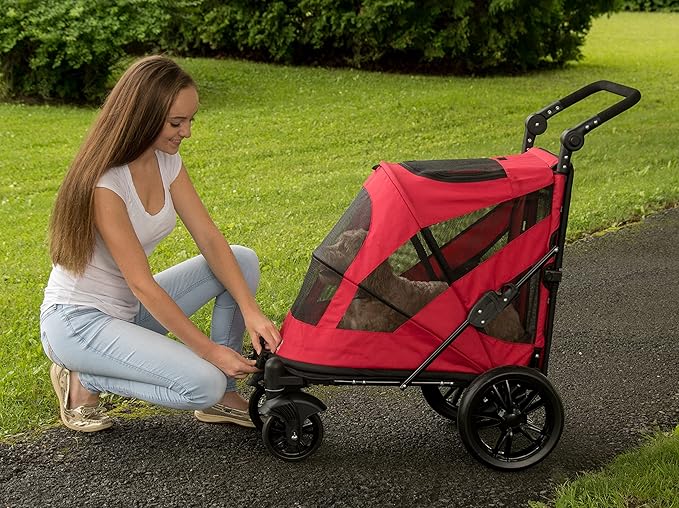 Pet Gear NO-Zip Pet Stroller with Dual Entry, Push Button Zipperless Entry for Single or Multiple Dogs/Cats, Pet Can Easily Walk in/Out, No Need to Lift Pet, Gel-Filled Tires