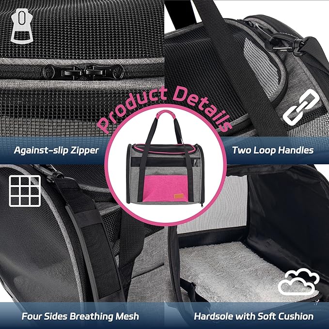 Large Cat Carrier for 20 lbs Pets - Soft Sided Breathable Mesh Travel Carrier, Airline Approved, Washable for Small Dogs Puppies, Foldable, Pink