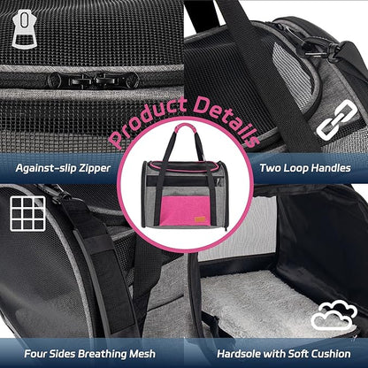 Large Cat Carrier for 20 lbs Pets - Soft Sided Breathable Mesh Travel Carrier, Airline Approved, Washable for Small Dogs Puppies, Foldable, Pink