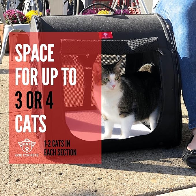 One for Pets Portable 2-in-1 Double Pet Kennel/Shelter, Fabric, Black 20"x20"x39" - Car Seat-Belt Fixture Included