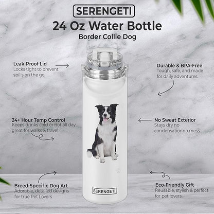 SERENGETI 24 Oz Water Bottle Stainless Steel with Spill Proof Lid - Double walled Vacuum Insulated water flask - Realistic 3D Print of your favorite dog (Border Collie)