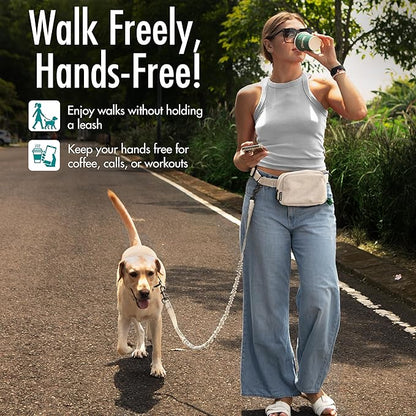 Hands Free Dog Leash with Dog Treat Pouch - Stylish & Trendy Waist Leash for Dog Walking - Wear Around the Waist or Crossbody - Durable & Detachable - Shock Absorbing - Waste Bag Dispenser