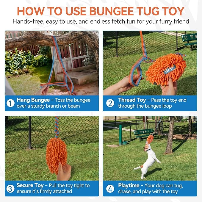ALL FOR PAWS Dog Bungee Tug Toy, Outdoor Hanging Bungee from Tree for Chase & Tug Fun, Interactive Tug-of-War Toy for Small and Medium Dogs, Bungee Cord with Dog Rope Toy & Soft Chew Toy