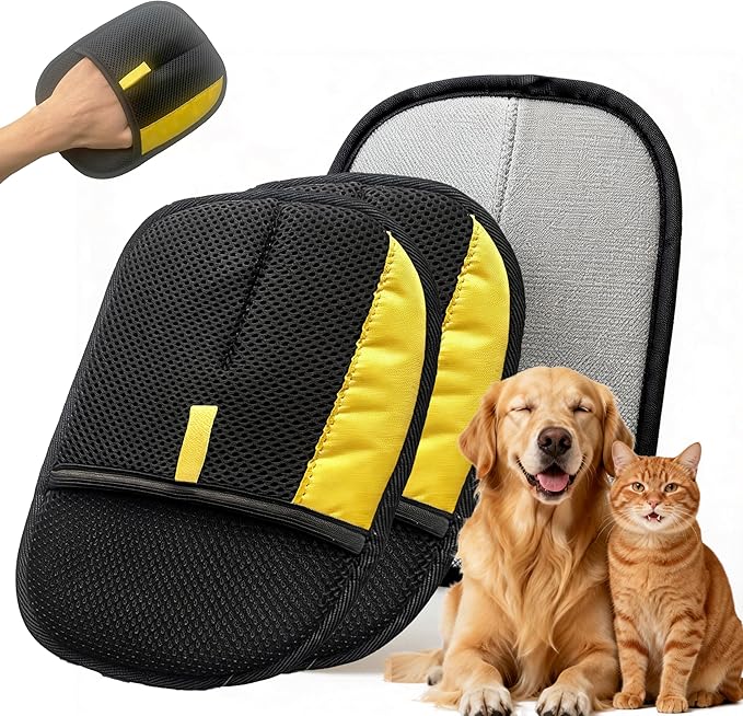 Pet Hair Removal Glove for Dogs & Cats, Reusable Magic Brush Electrostatic Pet Hair Remover Tool for Couch, Carpet, Clothes, Newly Upgraded (Black-Yellow Medium 2-Pack)