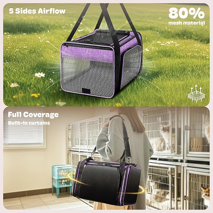 Top and 2 Sides Expandable Cat Carrier 18x11x11, TSA Airline Approved Dog Carriers for Small Dogs, Soft-Sided Pet Carrier with Self-Locking Zippers for Kitten,Rabbit, Puppy, Guinea Pig Purple
