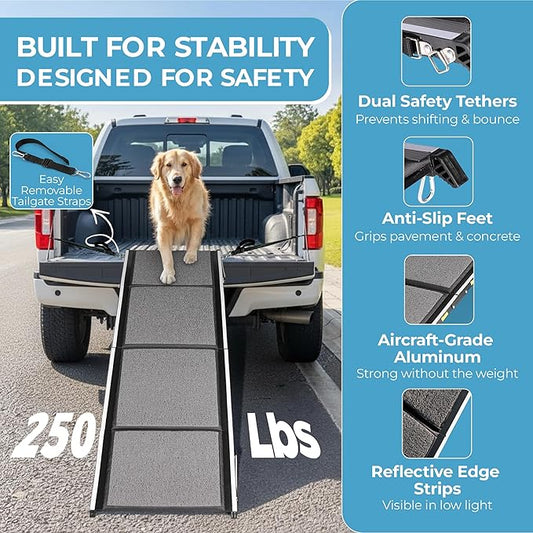 Dog Ramp for Car, SUV & Truck, 71" Long x 20" Wide, Extra Side-Strap Stability System, Non-Slip Quad-Fold Pet Ramp for Large Dogs, 250 lb Capacity (Standard Design)