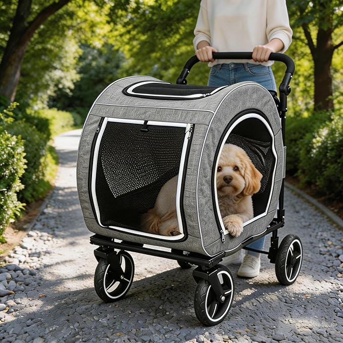 Pet Stroller for Dogs Cats up to 50 lbs, Foldable Dog Stroller with 360° Swivel Wheels, Detachable Carrier, Adjustable Handle, Travel Dog Stroller for Small Medium Large Pets, Gray