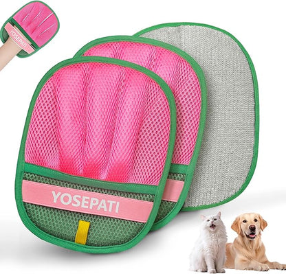 2 Pack Magic Brush Pet Hair Removal Gloves for Cat & Dog, Ectrostatic Five-Finger Fur Remover, The Magic Brush Pure Path Grooming Remover Glove for Laundry, Carpet & Car Seat (Green & Pink