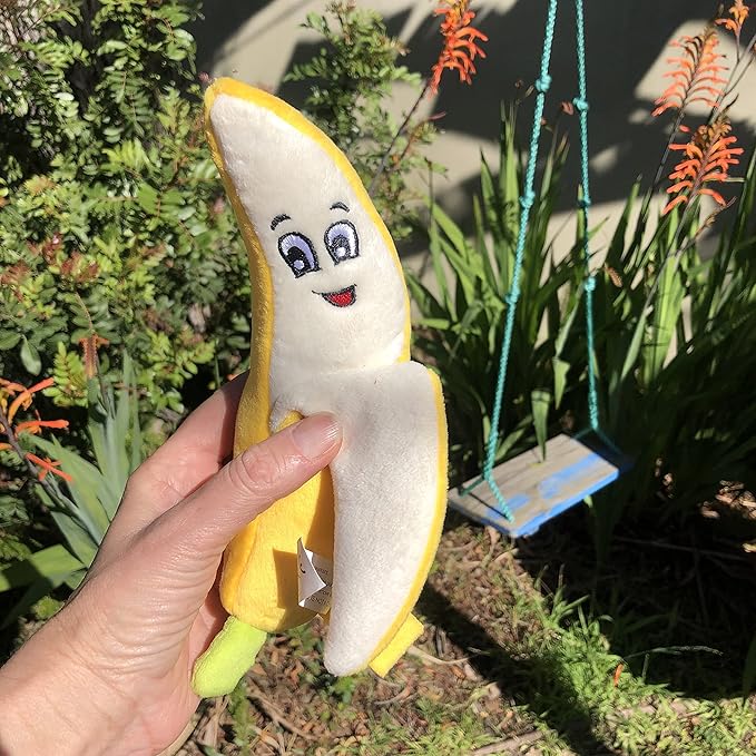 Glow Pups Banana Dog Toy with Squeaker, Cute Plush Chew Toy for Puppy, Helps with Anxiety and Boredom, Durable and Easy to Clean, 9" x 2.5", Whimsical Plush Style, Yellow