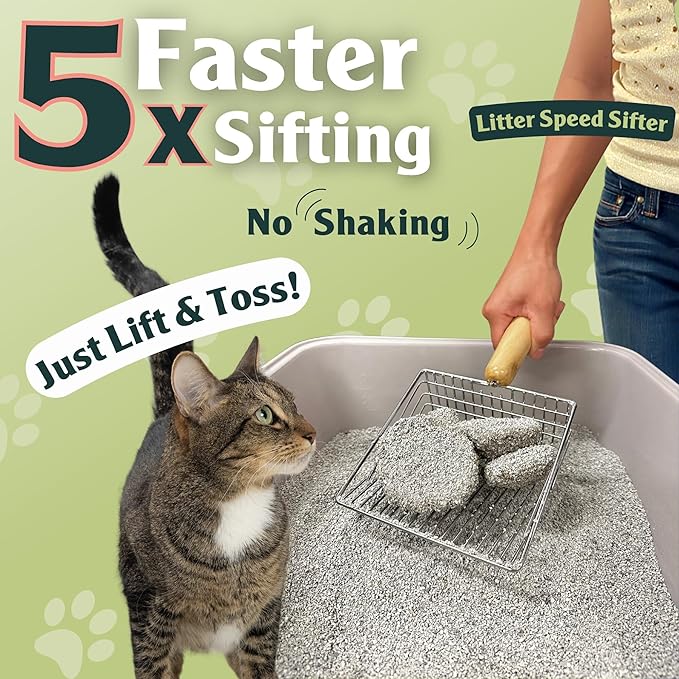 Sprinkle & Sweep: Litter Box Speed Shifter - 2 Pack - Metal Scoop, Comfortable Wood Grip, Washable Stand, Efficient Cleaning, Cat & Pet Maintenance