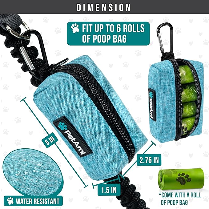 PetAmi Dog Poop Bag Holder & Waste Bag Dispenser with Clip-On Pouch Includes 1 Roll of Pet Waste Bags Portable Dog Walking Accessories for Leash, Belt or Backpack, Blue