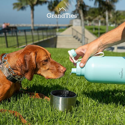 GrandTies Insulated Portable Dog Water Bottle with 2 Detachable Water Bowl Dispenser | Leak-Proof Dog Food Travel Container | Accessories for Dogs Walking, Hiking, Camping (32oz, Powder Green)