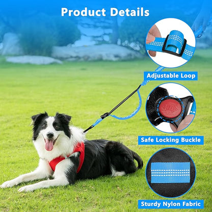 Hands Free Dog Leash with Zipper Pouch, Running Waist Leash for Dog Walking, Adjustable Waist Belt for Large Dogs, Reflective Bungee Design with Two Handle for Hiking, Training, Sky Blue