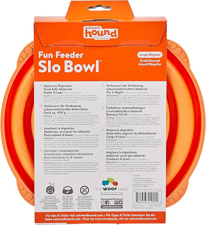 Outward Hound Fun Feeder Slo Bowl – Large 4‑Cup Capacity,Slow Feeding,Medium to Large Dogs,Non‑Slip,Orange,Swirl Pattern,(Pack of 6)