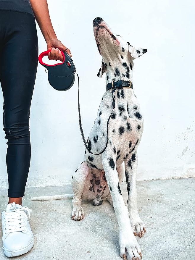 Tuff Pupper Heavy Duty Retractable Dog Leash | 16 ft Dog Leash with Reflective Stitching for Nighttime Safety | One Button Lock and Release | Comfortable Hand Grip | for Dogs Up to 44 lbs Black/Red