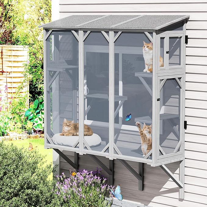 Large Catio Cat Window Box, Outdoor Cats Window Perchfor Indoor Cats with 4 Jump Platforms & 4 Doors, Comfortable Wooden Pet Perch House, Ultra-Fine Mesh Insect-Proof Screens, All-Weather Use