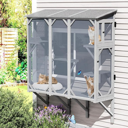 Large Catio Cat Window Box, Outdoor Cats Window Perchfor Indoor Cats with 4 Jump Platforms & 4 Doors, Comfortable Wooden Pet Perch House, Ultra-Fine Mesh Insect-Proof Screens, All-Weather Use