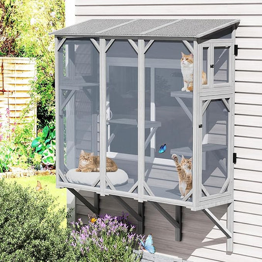 Large Catio Cat Window Box, Outdoor Cats Window Perchfor Indoor Cats with 4 Jump Platforms & 4 Doors, Comfortable Wooden Pet Perch House, Ultra-Fine Mesh Insect-Proof Screens, All-Weather Use