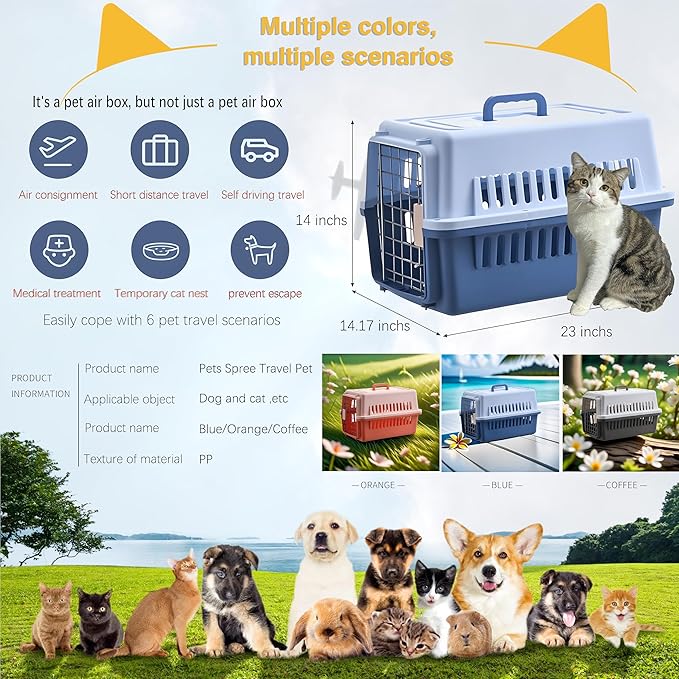 LLGJ-Pets Carrier, Kennel, 23 In. Long, Hard-Sided, for Dog/Cat up to 20 lbs, Suit for Airline/Road Travel (Blue)