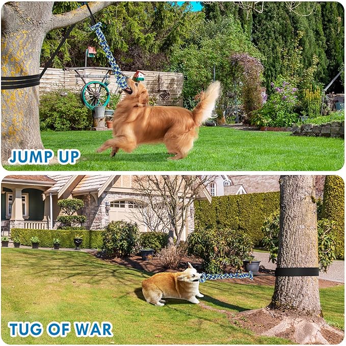 Dog Bungee Tug Toy, 14.5 Ft Adjustable Length Tether Tug Outdoor Toy, Interactive Dog Toys to Keep Them Busy, Includes Bondage Rope and Chew Rope