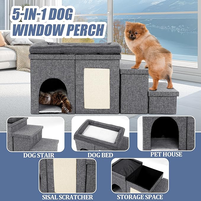 MABOZOO Window Perch, 3 Tiers 18''H Bedside Bed Stairs With Level Platform and Storage, Foldable Pet Stairs for Bed and Couch, Steps for Small, Medium, Large Dog, Cat or Pets