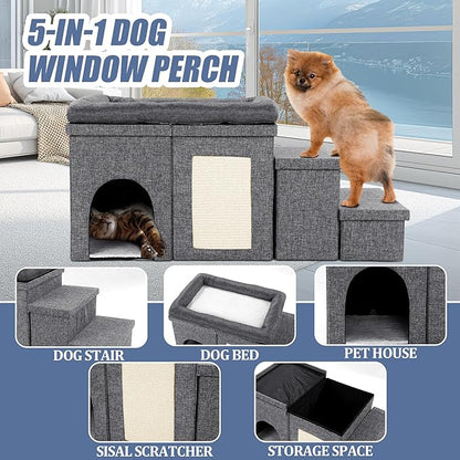 MABOZOO Window Perch, 3 Tiers 18''H Bedside Bed Stairs With Level Platform and Storage, Foldable Pet Stairs for Bed and Couch, Steps for Small, Medium, Large Dog, Cat or Pets