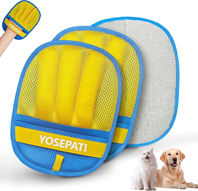 2 Pack Magic Brush Pet Hair Removal Gloves for Cat & Dog, Ectrostatic Five-Finger Fur Remover, The Magic Brush Pure Path Grooming Remover Glove for Laundry, Carpet & Car Seat (Blue & Yellow)