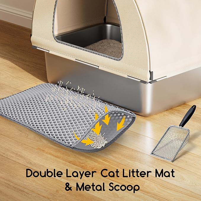 Meowant Stainless Steel Cat Litter Box with Lid, Extra Large Metal Litter Box with DIY Oxford Fabric Cover, Anti-Leakage & Non-Sticky, Odor Control, Easy Cleaning, Includes Litter Mat & Metal Scoop