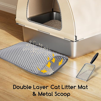 Meowant Stainless Steel Cat Litter Box with Lid, Extra Large Metal Litter Box with DIY Oxford Fabric Cover, Anti-Leakage & Non-Sticky, Odor Control, Easy Cleaning, Includes Litter Mat & Metal Scoop
