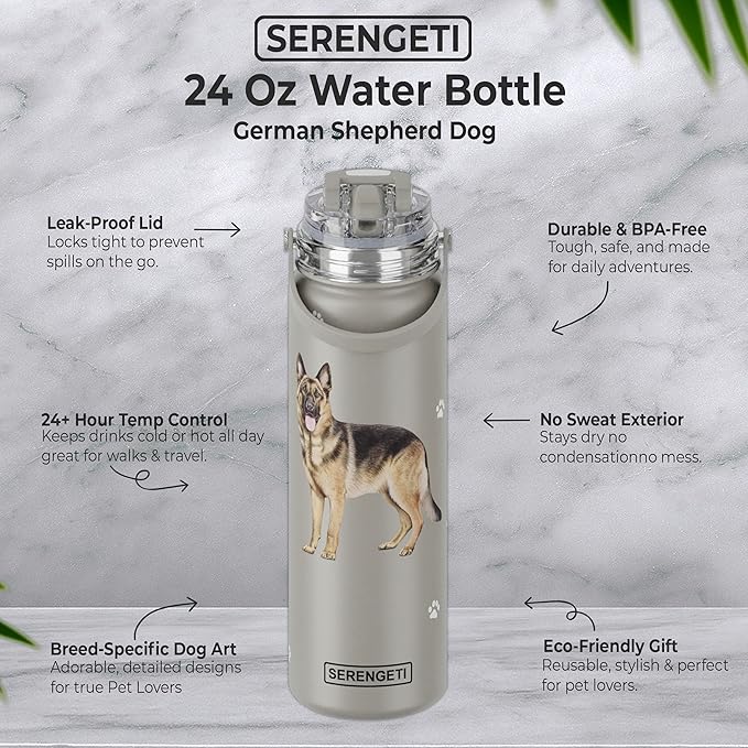 SERENGETI 24 Oz Water Bottle Stainless Steel with Spill Proof Lid - Double walled Vacuum Insulated water flask - Realistic 3D Print of your favorite dog (German Shepherd)