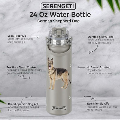 SERENGETI 24 Oz Water Bottle Stainless Steel with Spill Proof Lid - Double walled Vacuum Insulated water flask - Realistic 3D Print of your favorite dog (German Shepherd)