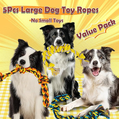 All Large Dog Rope Toys for Aggressive Chewers, 5 Nearly Indestructible Various Tough Rope Toys for Large and Medium Breed, 100% Cotton for Teeth Cleaning, Tug of War, No Small Type