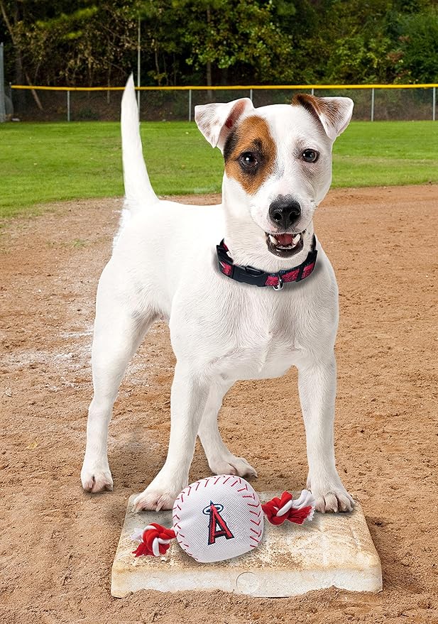 MLB LOS ANGELES ANGELS Baseball Rope Toy for DOGS & CATS. Tough nylon, Sporty Baseball Design, Heavy-duty ropes with Inner SQUEAKER