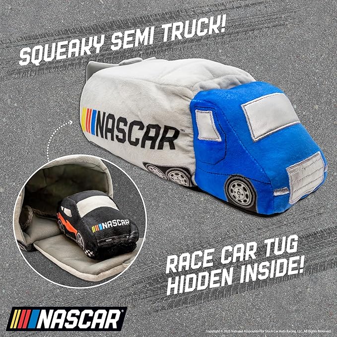 design LAB, Inc. NASCAR Official Merchandise | NASCAR Toy Truck Interactive Hide-and-Seek Toy & Racecar Plush Toys Gift Set | Plush Pet Toys for Dogs with Treat Storage Compartment