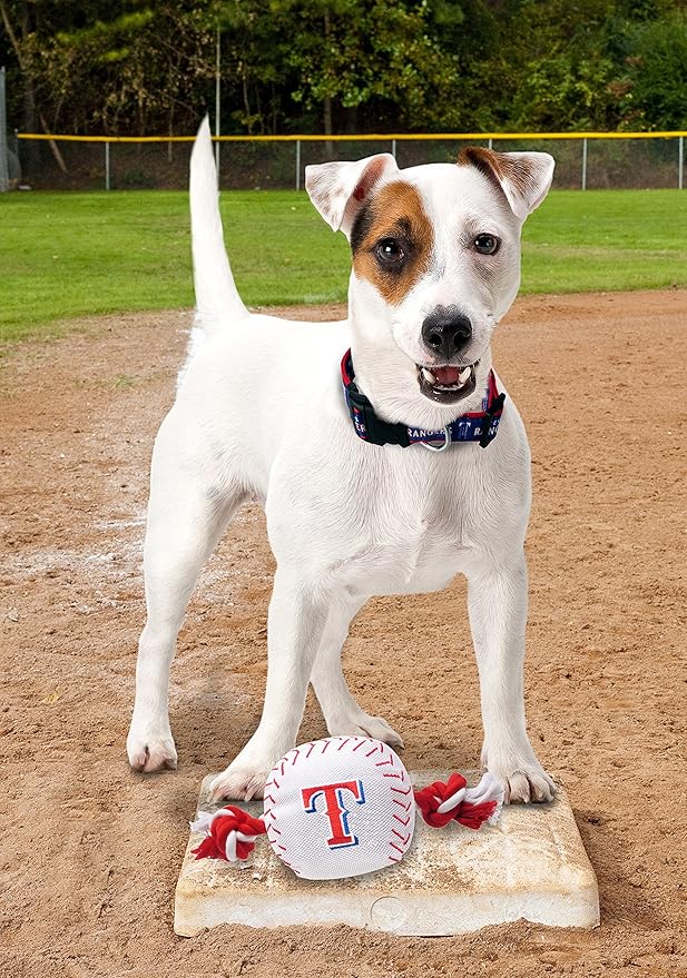 MLB TEXAS RANGERS Baseball Rope Toy for DOGS & CATS. Tough nylon, Sporty Baseball Design, Heavy-duty ropes with Inner SQUEAKER