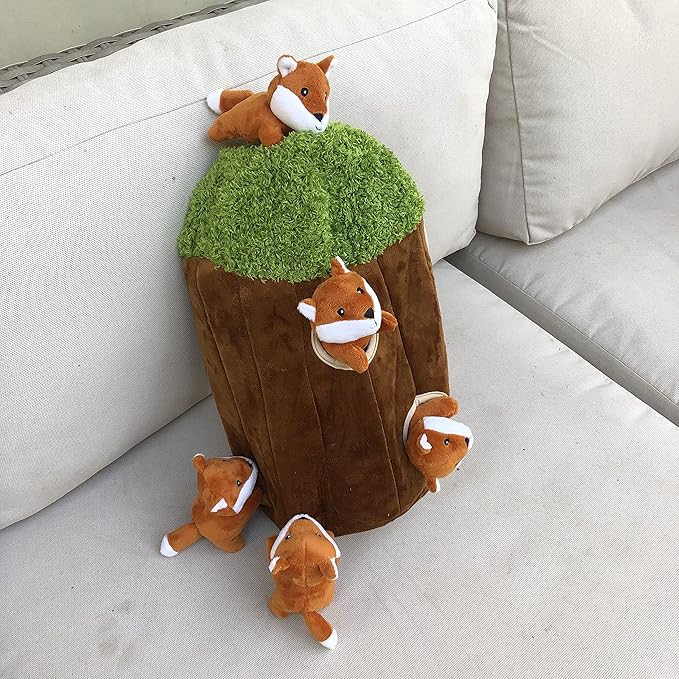 Fox in Tree Hide and Seek Dog Toy for Small and Medium Size Dogs, Plush Fox Inside Trunk Dog Toy with Squeaker, Interactive Burrow Dog Toy (Tree with Fox, Large)