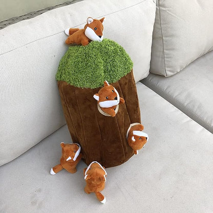 Fox in Tree Hide and Seek Dog Toy for Small and Medium Size Dogs, Plush Fox Inside Trunk Dog Toy with Squeaker, Interactive Burrow Dog Toy (Tree with Fox, Large)