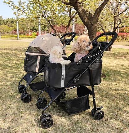 Pet Stroller with Removable Carrier, 3 in 1 Stroller for Dogs, Pet One-Click Foldable Pet Stroller with 4 Wheel, Small Dog Stroller Holds up to 33 lbs, Cup Holder, Car Stroller, Khaki