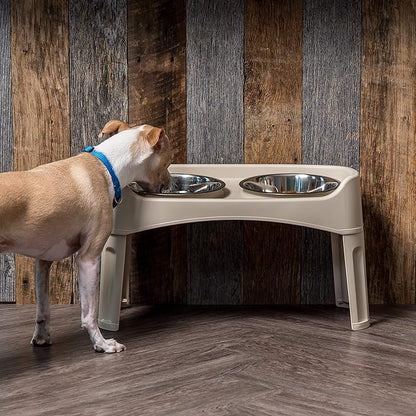 IRIS USA Adjustable Elevated Dog Bowls, Raised Feeder with 2 Stainless Steel 64 oz Bowls, Spill-Guard Rim, 12.25" or 4.63" Heights, Durable Plastic, Made in USA, Almond