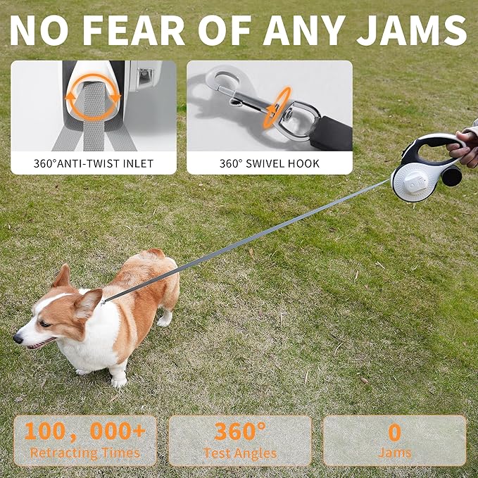 360° Tangle-Free Retractable Dog Leash 16 ft Heavy Duty Reflective Nylon Tape for Small to Medium Dogs Up to 60lbs,Soft Grip,Lock,Medium Size,White